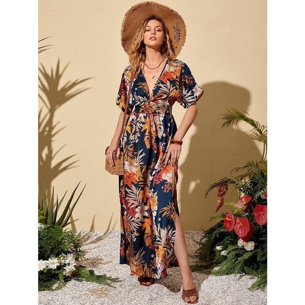 SHEIN Floral Print Midi Dress - Navy and Orange